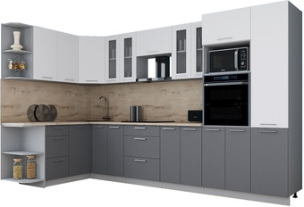 Готовая кухня Интерлиния Мила Gloss 1.68x3.4 левая (белый софт/серый софт/травертин серый)