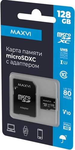 Карта памяти Maxvi microSDXC 128GB MSD128GBC10V10 (с адаптером)