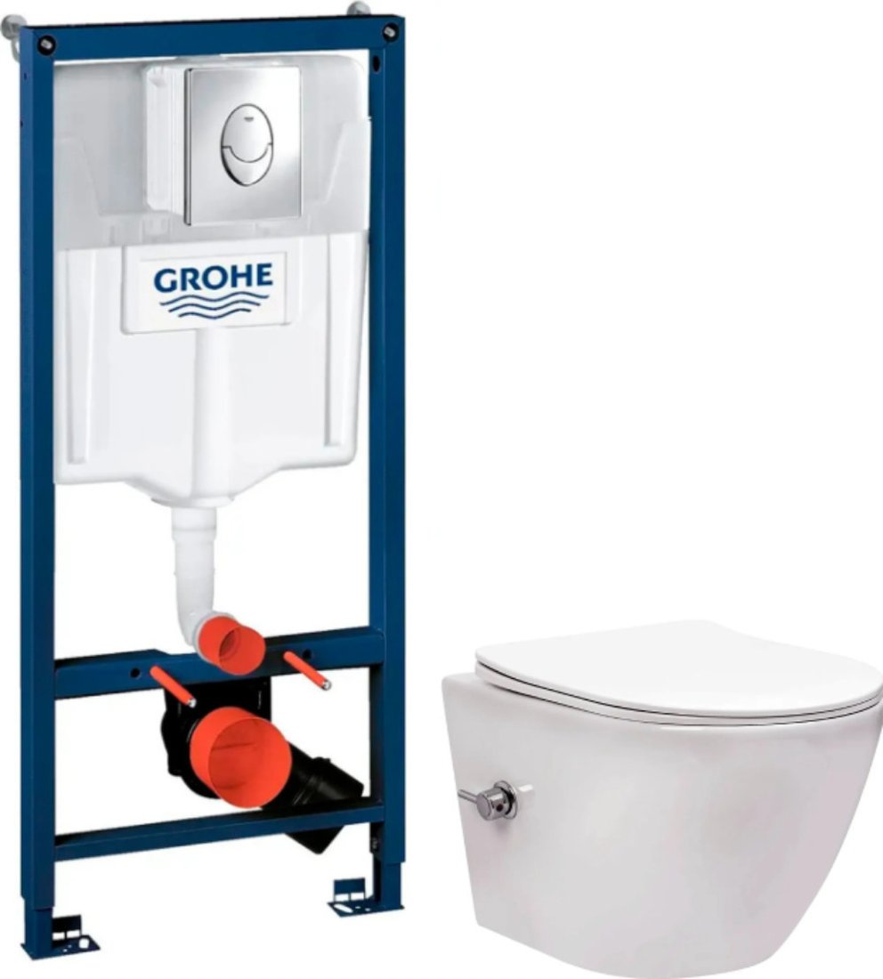 Унитаз подвесной Saniteco Rimless RT-203-B + GROHE Rapid SL 38721001 (c функцией биде/кнопка хром глянец)