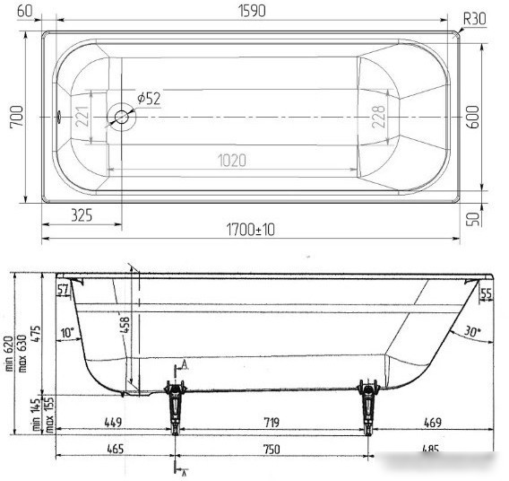 Ванна Wotte Старт УР 170x70 БП-00000004 (без ножек и ручек)