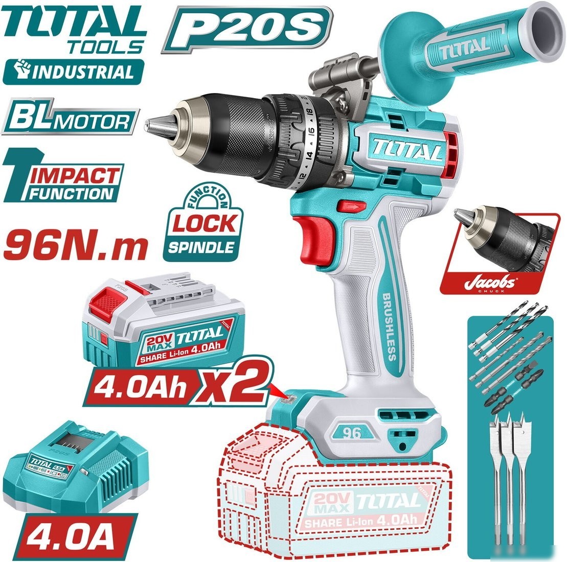 Ударная дрель-шуруповерт Total TIDLI209686 (с 2-мя АКБ, кейс) Ударная дрель-шуруповерт Total TIDLI209686 (с 2-мя АКБ, кейс)