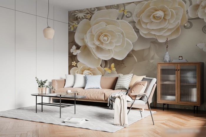 Фотообои ФабрикаФресок 3D Цветы с бабочками 873270 (300x270)
