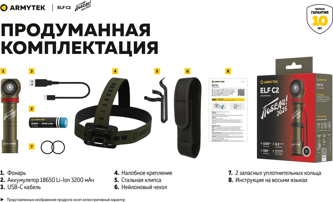 Фонарь Armytek Elf C2 USB-C Победа (белый)