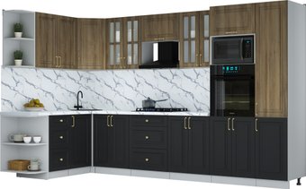 Готовая кухня Интерлиния Мила Шато 1.68x3.4 ВТ LV (дуб вотан/черный/белый гранит)