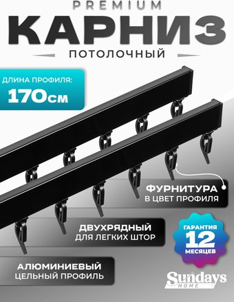 Карниз для штор Sundays Home D-2-P двухрядный (1.7м, цельный, черный)