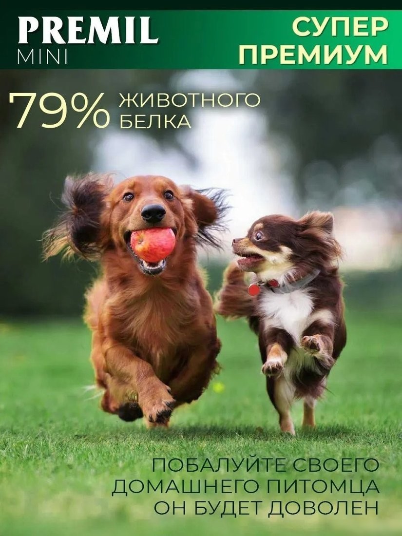 Сухой корм для собак Premil Mini Super Premium для щенков и взрослых собак мал. и ср. пород 900 г