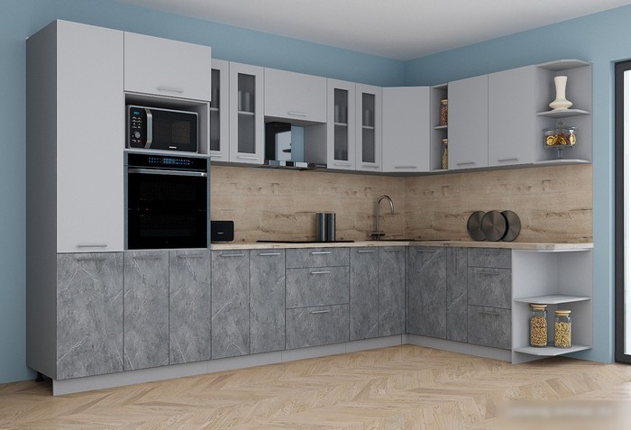 Готовая кухня Интерлиния Мила Gloss 1.88x3.4 правая (пепел софт/керамика/травертин серый)