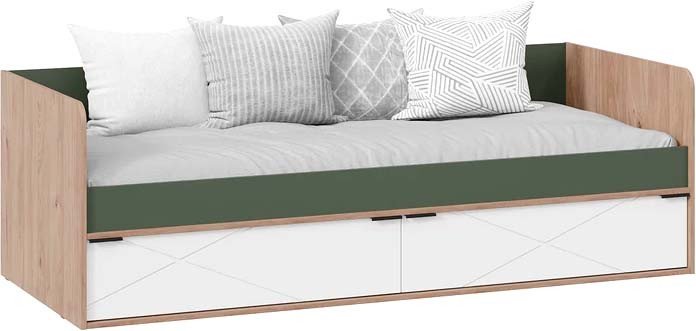 Кровать-тахта Трия Лео с ящиками 85x200 (гикори джексон/белый матовый/дымчатый зеленый) Кровать-тахта Трия Лео с ящиками 85x200 (гикори джексон/белый матовый/дымчатый зеленый)