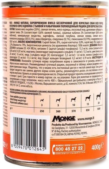 Сухой корм для собак Monge BWild Grain Free с индейкой, тыквой и кабачками (400 г)