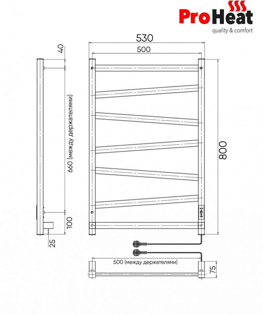 Полотенцесушитель ProHeat Quadro Diago 50х80 (терморегулятор, таймер, черный муар)