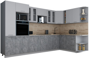 Готовая кухня Интерлиния Мила Gloss 1.88x3.4 правая (пепел софт/керамика/травертин серый)