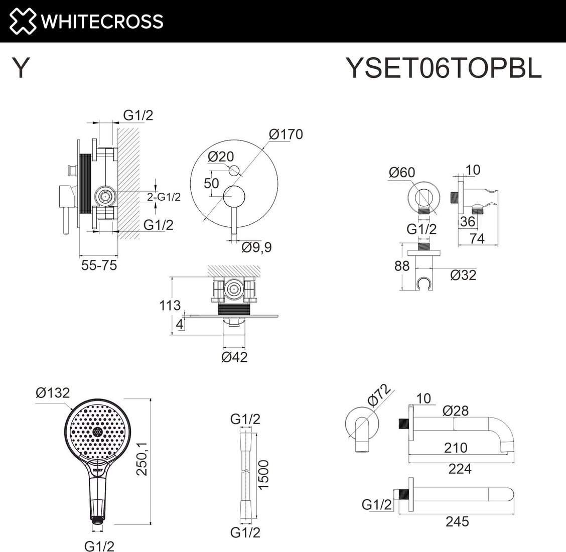 Душевой гарнитур Whitecross Y YSET06TOPBL (черный матовый)