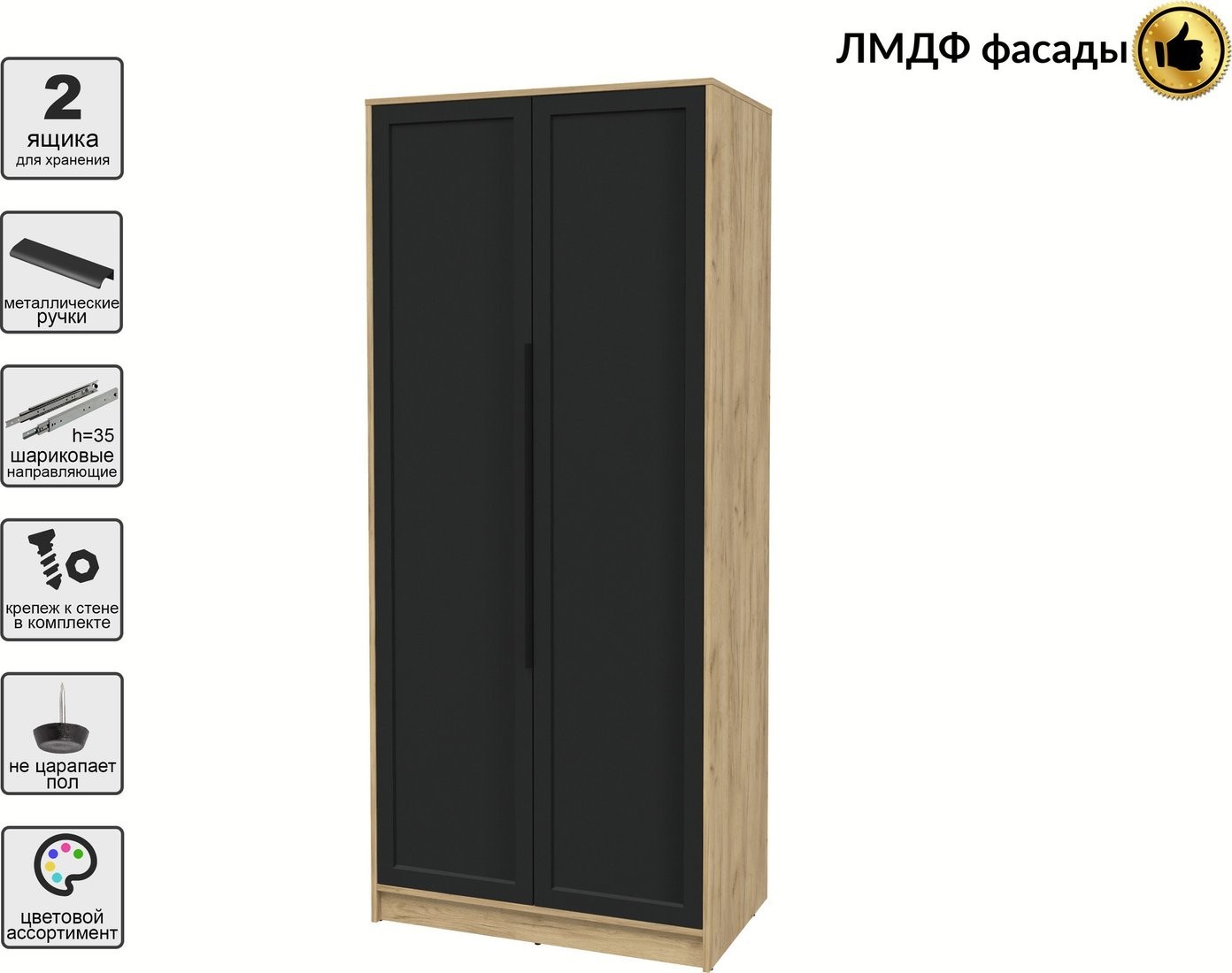 Шкаф распашной Интерлиния Концепт Тренд КТ-Ш2 (дуб золотой/черный)