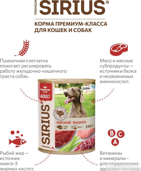 Консервированный корм для собак Sirius Мясной Рацион 340 г