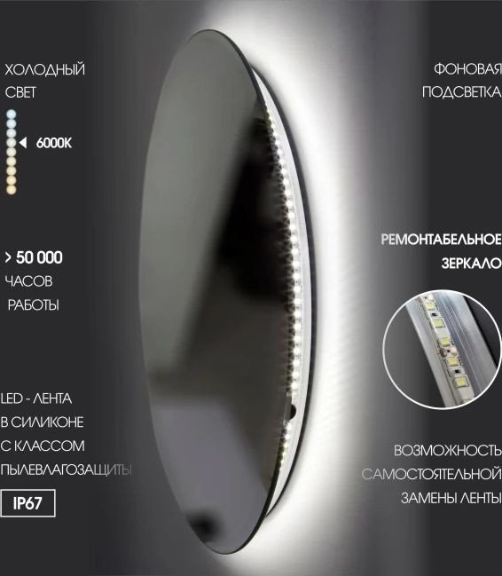 Алмаз-Люкс Зеркало с фоновой подсветкой, с торцевым датчиком включения Tokyo 80d2-6 (D 80 см) – холодный свет