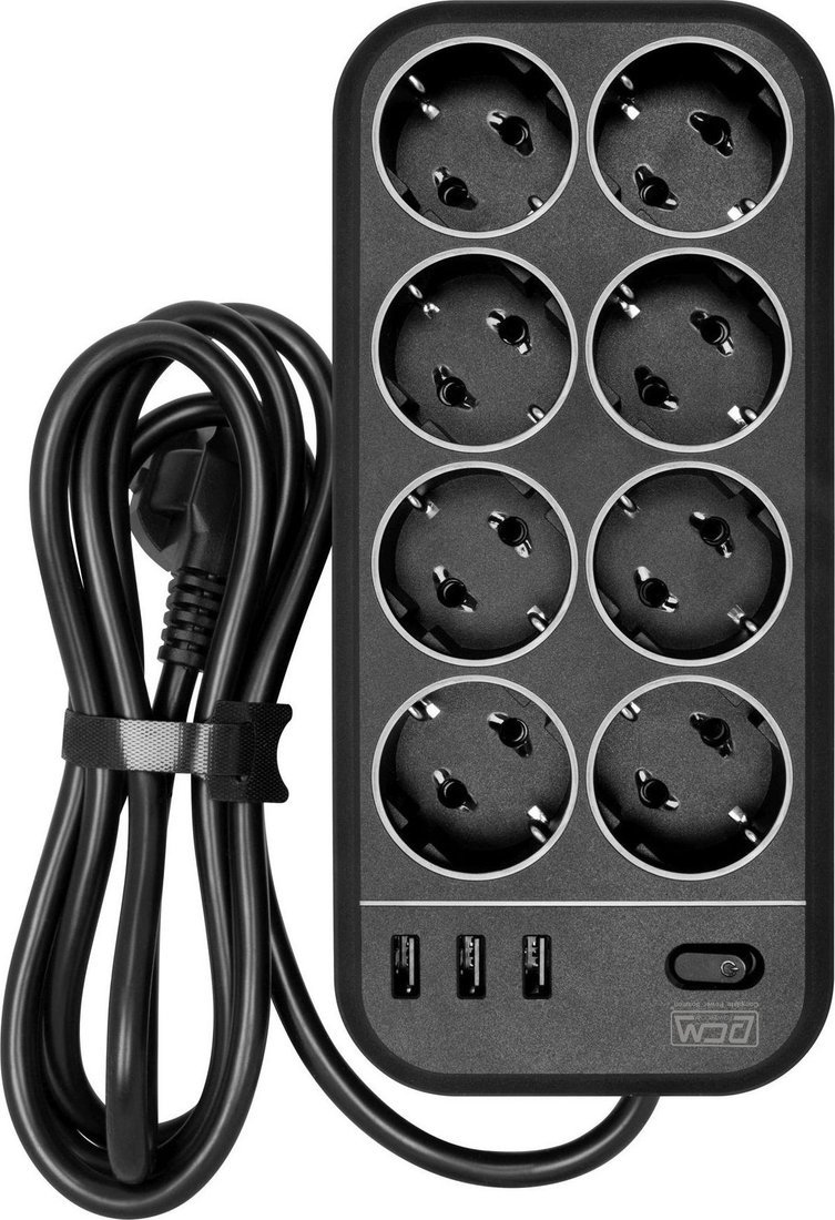 Сетевой фильтр Powercom SP-08 USB03AB (3 м, 8 розеток, черный)