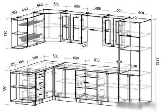 Готовая кухня Интерлиния Мила Деко 1.68x3.0 правая (океан-океан-травертин серый)