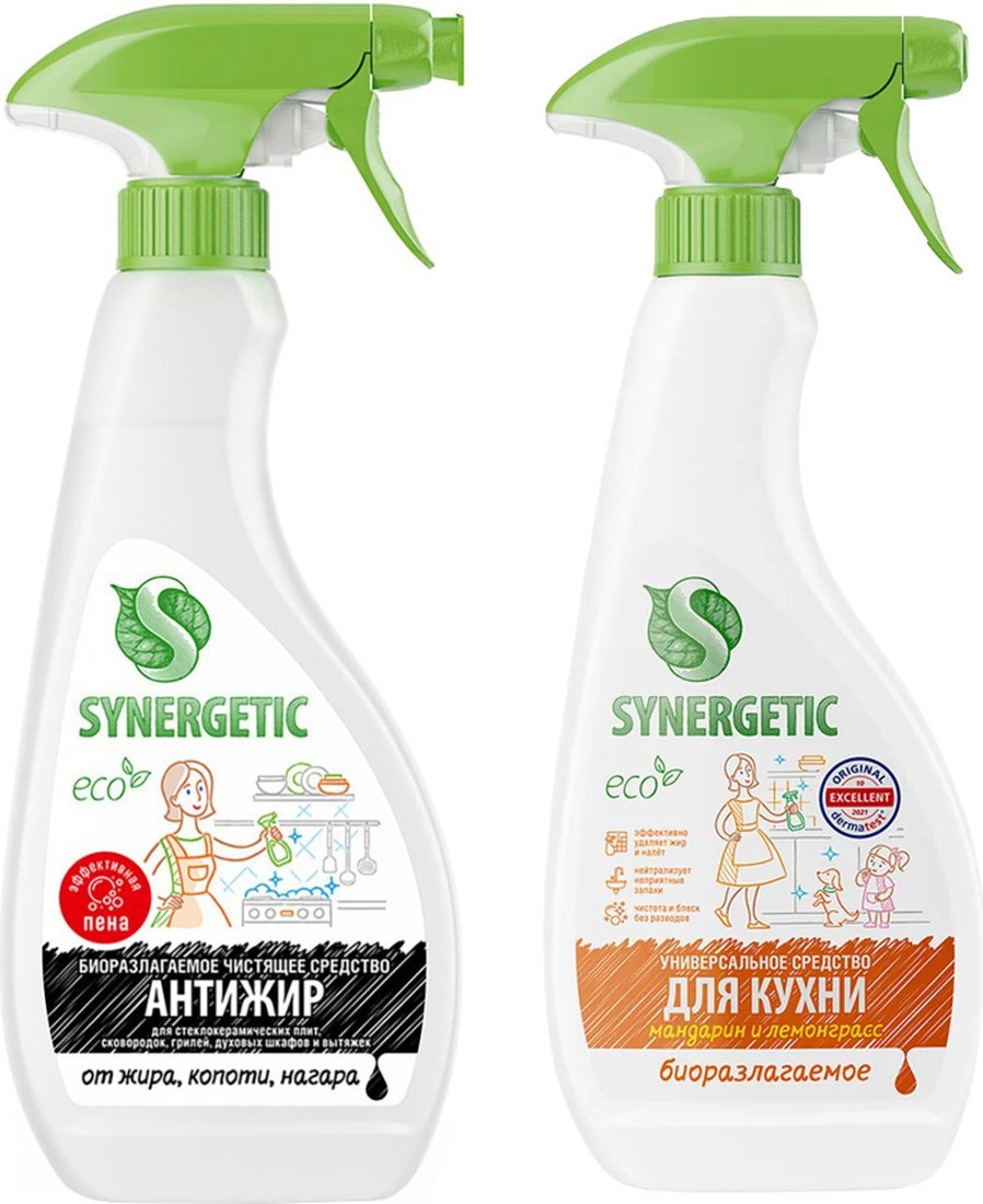 Средство для кухни Synergetic Антижир + Мандарин и лемонграсс (2x500 мл)
