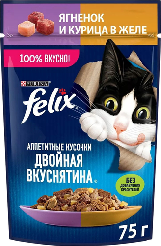 Пресервы Felix Аппетитные кусочки Двойная вкуснятина с ягненком и курицей в желе 75 г