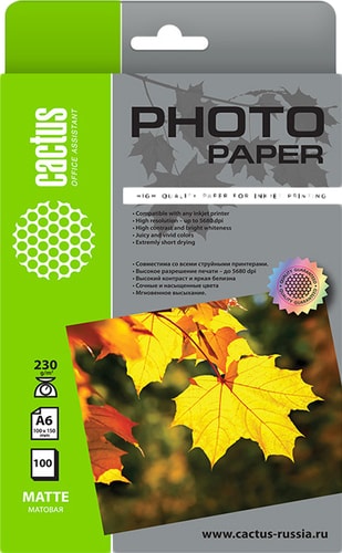 Фотобумага CACTUS Матовая 10x15 230 г/м2 100 листов CS-MA6230100