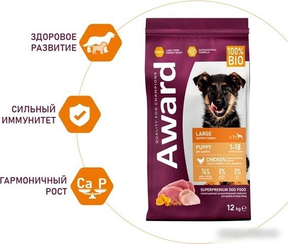 Сухой корм для собак Award Puppy Large для щенков крупных пород с курицей, индейкой с добавлением тыквы и шиповника 12 кг