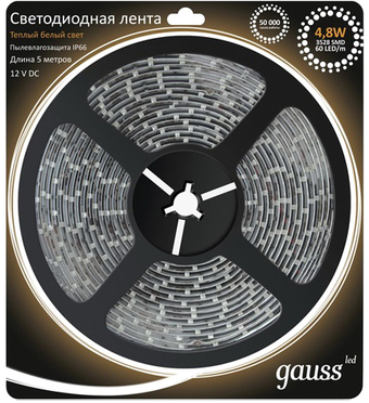 Светодиодная лента Gauss LED 5050/30-SMD 7.2W 12V DC теплый белый IP66 311000107