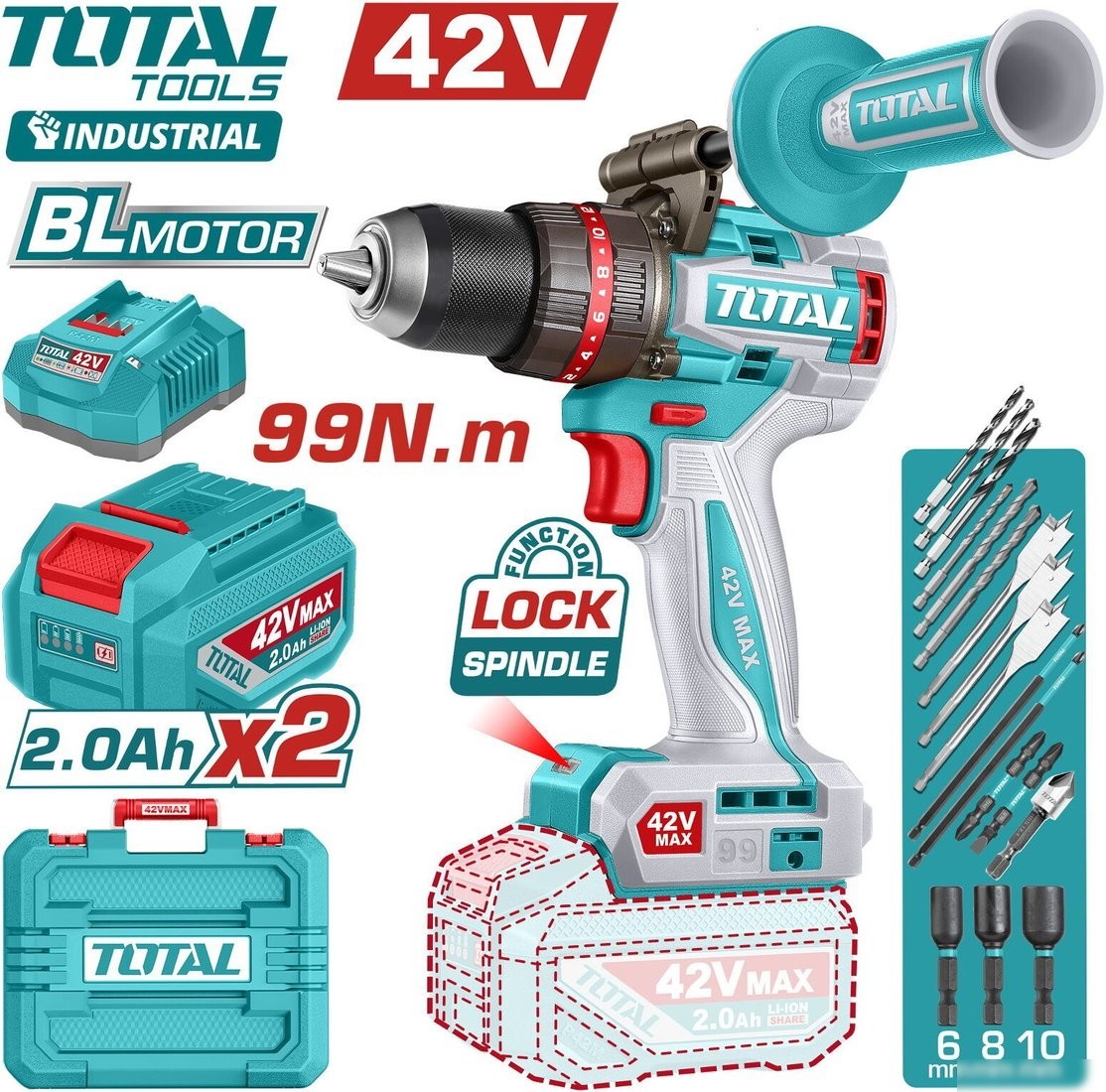 Ударная дрель-шуруповерт Total TIDLI429982 (с 2-мя АКБ, кейс) Ударная дрель-шуруповерт Total TIDLI429982 (с 2-мя АКБ, кейс)