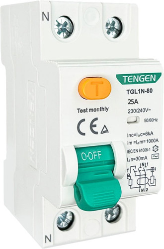 Устройство защитного отключения Tengen TGL1N-80 2P 25A 6kA 30mA A 2M TEN320062