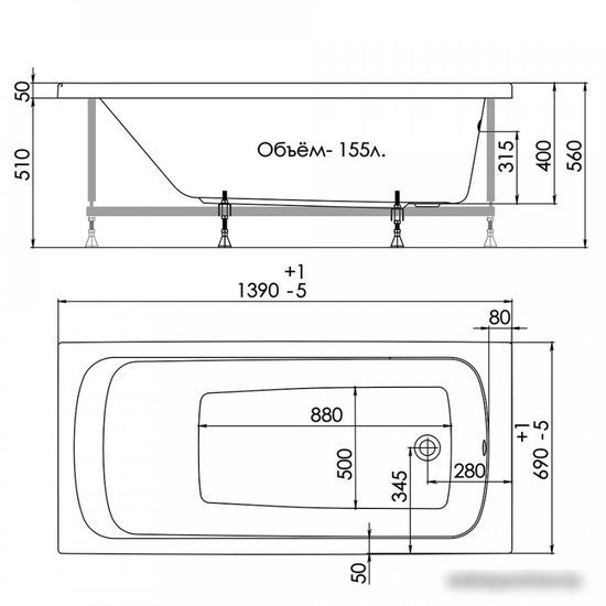 Ванна 1AcReal Gamma 140x70 (с каркасом)