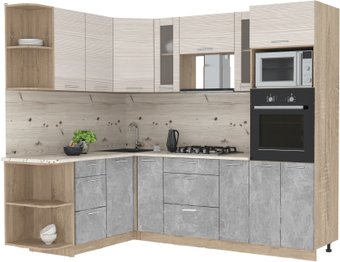 Готовая кухня Интерлиния Мила 1.88x2.4 левая (вудлайн кремовый-бетон-бискайская сосна)