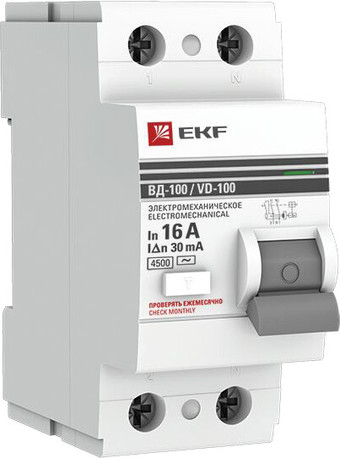 Устройство защитного отключения EKF PROxima ВД-100 2P 16А 30мА elcb-2-16-30-em-pro