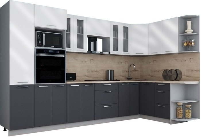 Готовая кухня Интерлиния Мила Gloss 1.68x3.4 правая (белый глянец/графит софт/травертин серый)