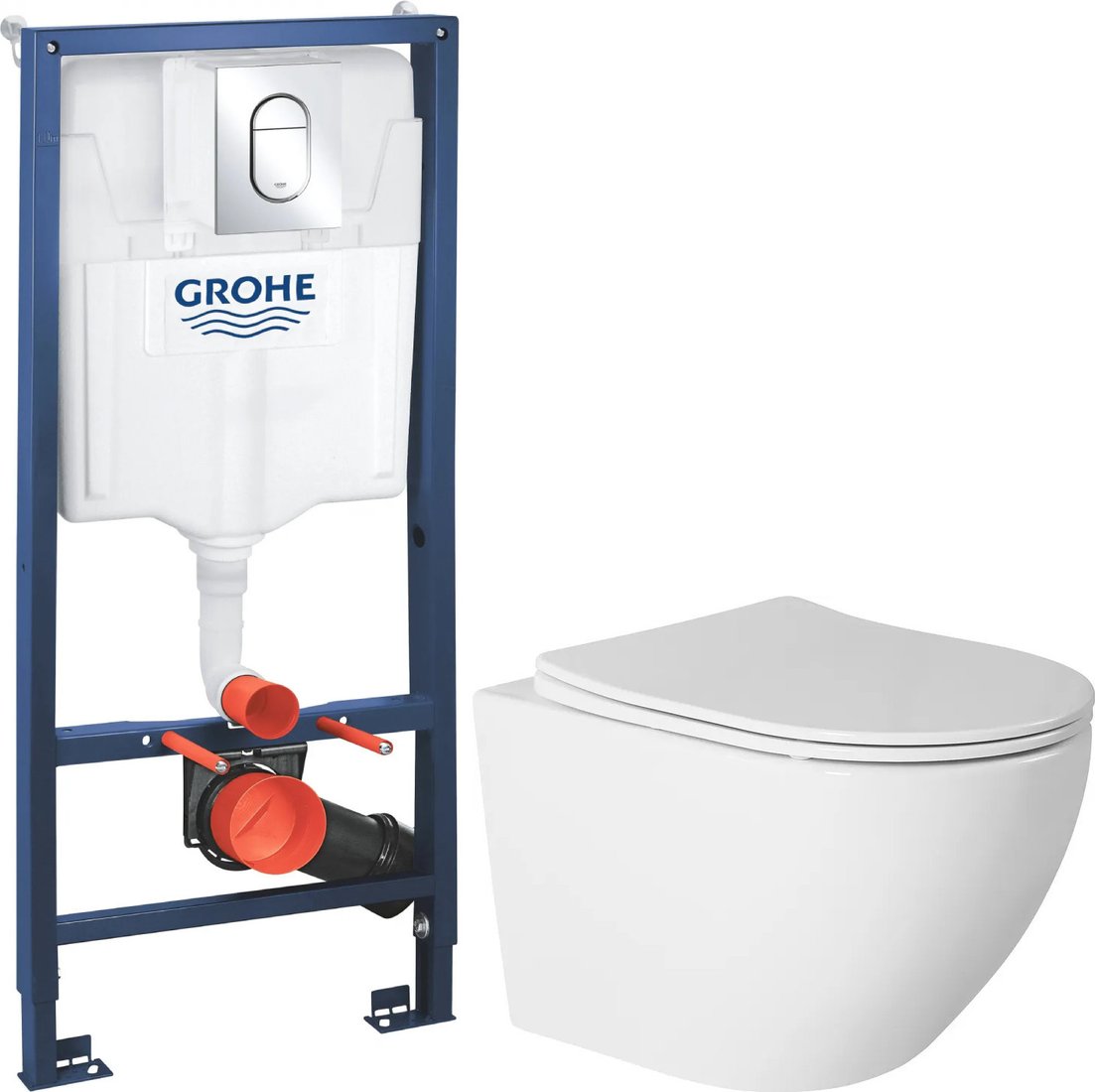 Унитаз подвесной Saniteco Rimless R-203 + GROHE Rapid SL 39504000 (с кнопкой хром глянец)