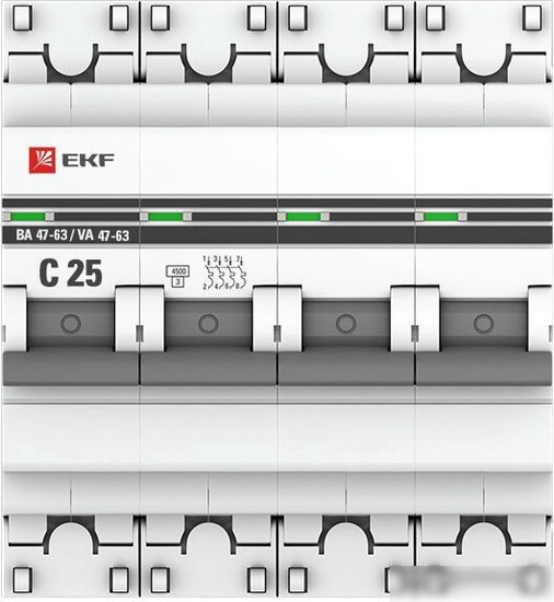 Выключатель автоматический EKF ВА 47-63 4P 25А (C) 4.5kA PROxima mcb4763-4-25C-pro