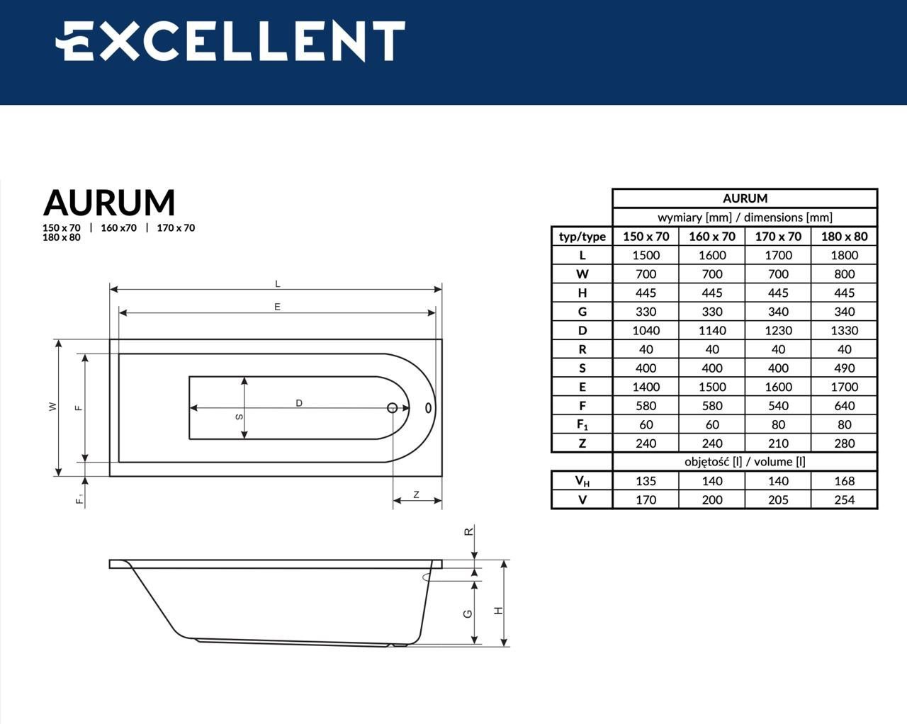 Ванна Excellent Aurum 160x70 (с ножками)