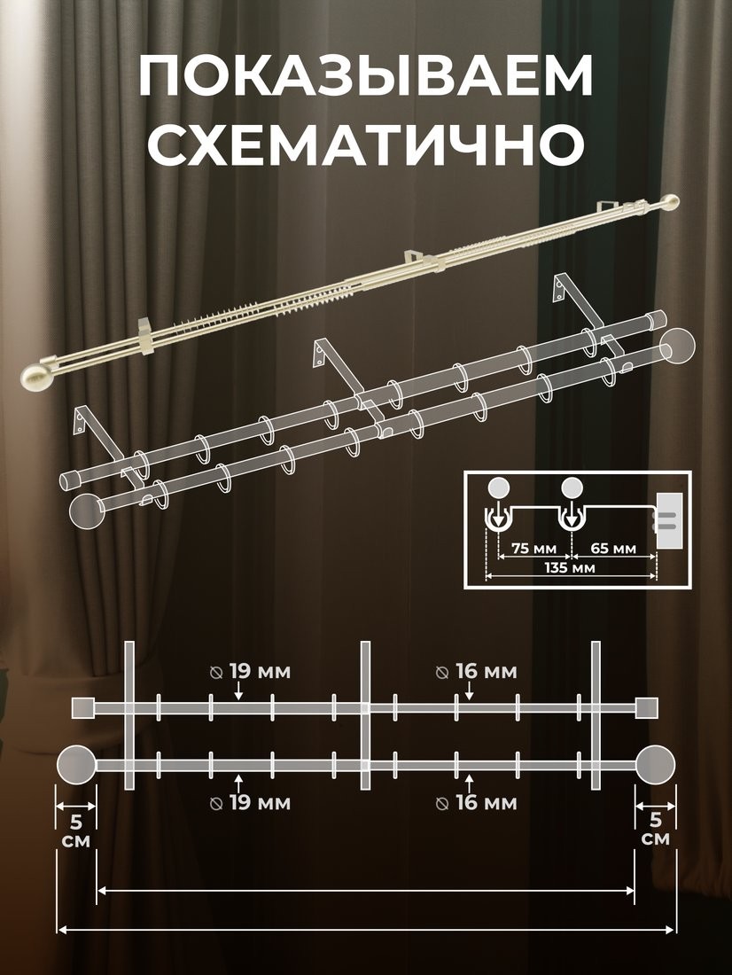 Карниз для штор Sundays Home Сфера Раздвижной 16/19мм 2-х ряд (черный матовый, 1.6-3м)