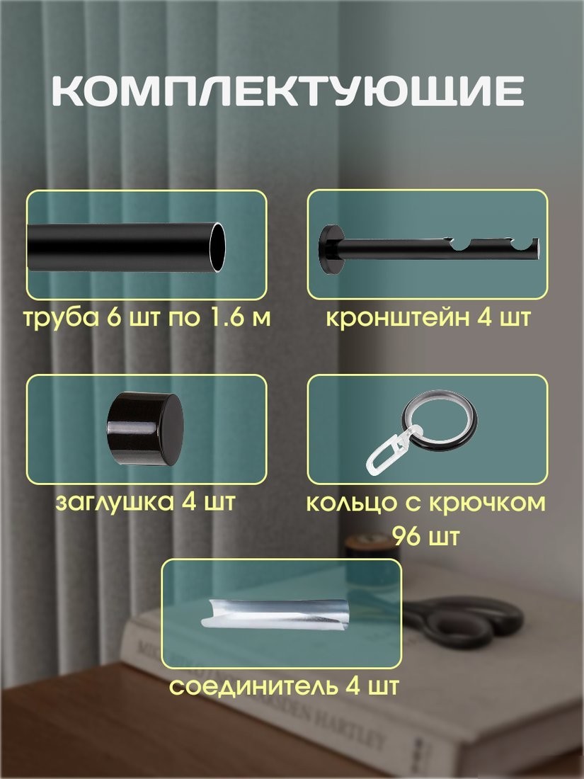 Карниз для штор Sundays Home Модерн 19мм+19мм двухрядный (составной, черный матовый, 4.8м)