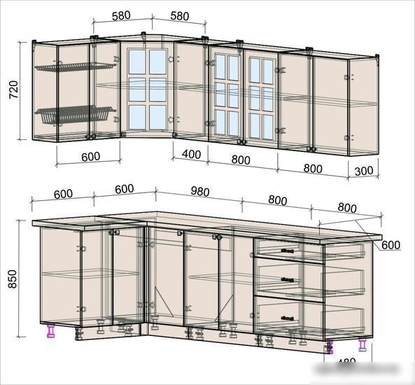 Угловая кухня Интерлиния Мила Деко 1.2x2.6 (луна/травертин серый)