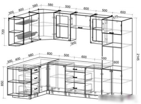 Готовая кухня Интерлиния Мила Деко 1.68x2.8 левая (мята-мята-травертин серый)