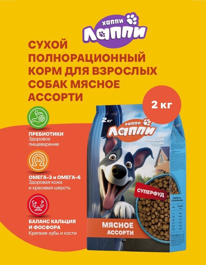 Сухой корм для собак Хаппи Лаппи Мясное ассорти 2 кг